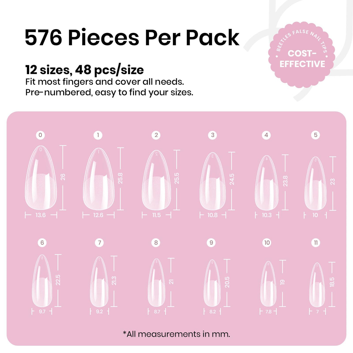 Beetles Medium Almond Nail Tips 576pcs 12 Sizes Pre-Etched Soft Gel Tips | Half Matte Full Cover Press on False Nail Tips Acrylic Nails DIY Extension Gift for Women