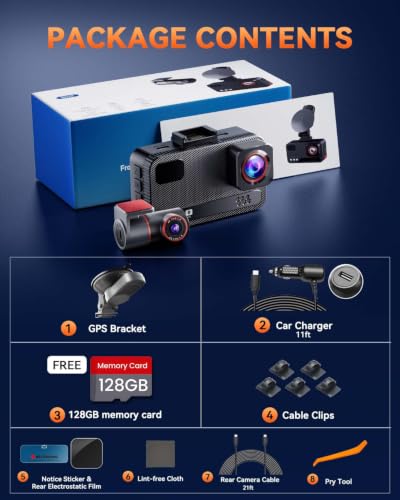 4K+4K Dual Dash Cam Front and Rear, Free 128GB Card, Starlight Night Vision | Dual-Channel Recording, 5.8GHz WiFi, 20MB/s Download Speed, GPS, 3" IPS Screen, Collision Sensor, 24H Parking Mode