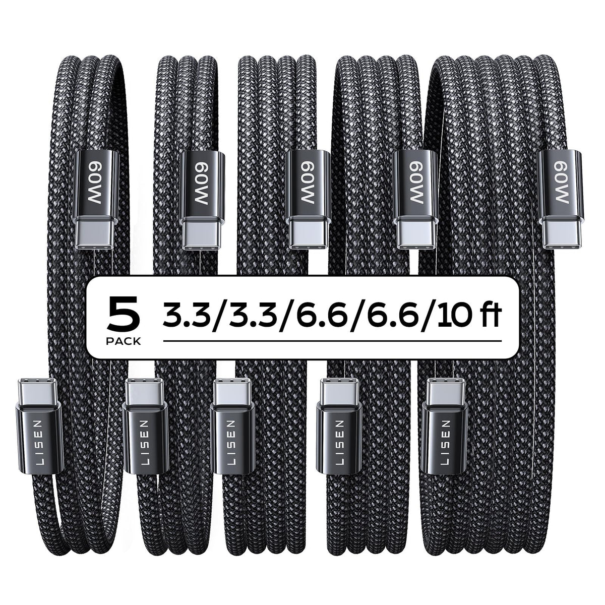 LISEN USB C to USB C Cable 60W for iPhone 18 Pro Duo Charging Cable, 5-Pack | for iPhone 18 Fast Charger/17/16/15 Galaxy S26/S25/S24, 3.3/3.3/6.6/6.6/10FT Gift for Car, Home, Office, Bed and Travel Cord