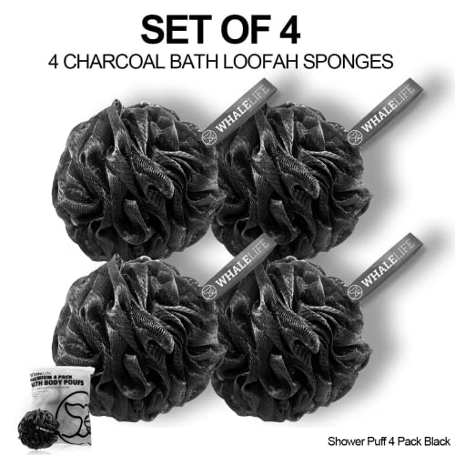 WhaleLife Bath Loofah Sponge for Shower - Body Scrubber 4-Pack Black