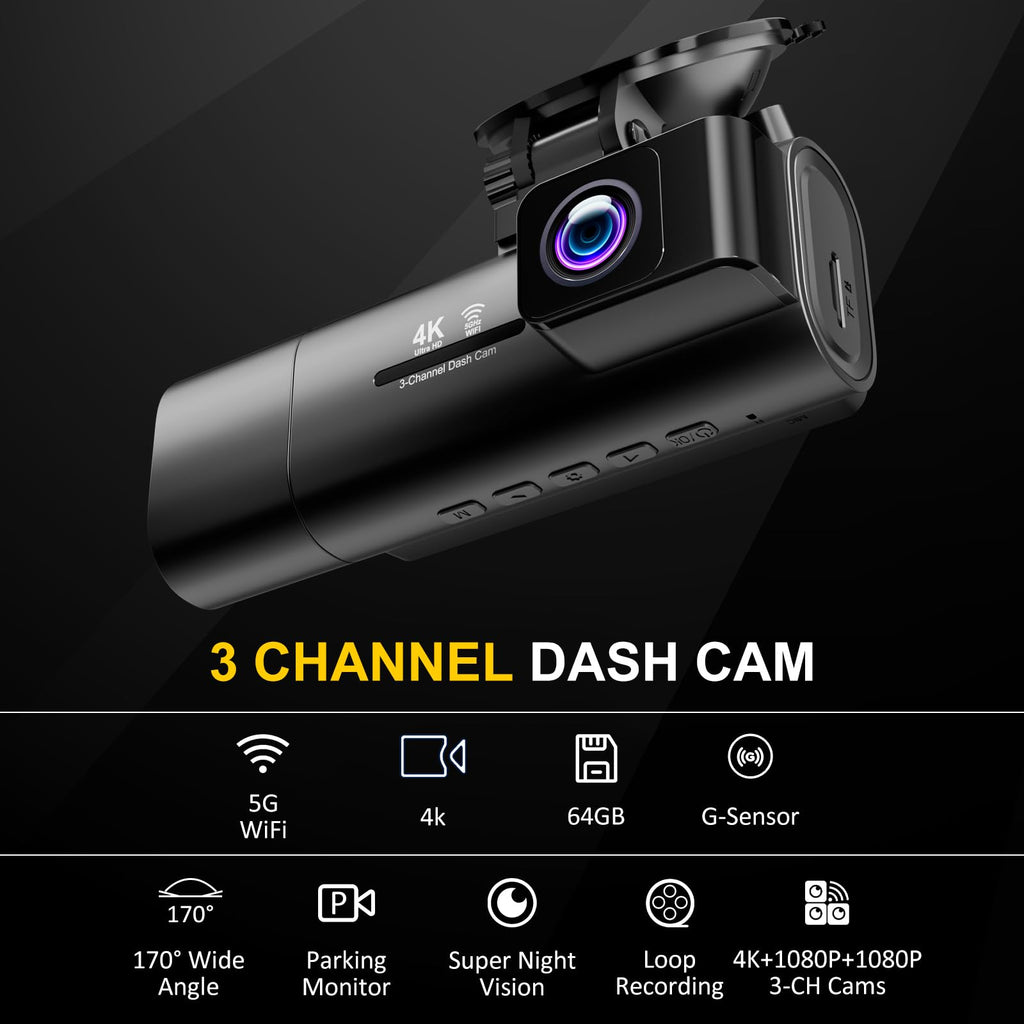 4K Dash Cam Front and Rear Inside,3.16" IPS,3 Channel Dash Cam for Car with 5G WiFi,Free 64GB Card,170° Wide Angle,Loop Recording,G-Sensor,WDR,Night Vision,Time-Lapse,24H Parking Monitor