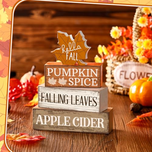 Moucuny 4 Pcs Fall Decor Wooden Maple Leaf Decoration Thanksgiving Decor | Rustic Stackable Blocks with Apple Cider Leaves Sayings,Thanksgiving Table Centerpiece, Farmhouse for Autumn Harvest Party