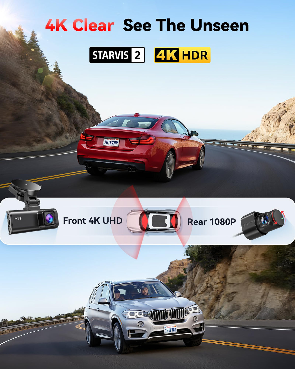 REDTIGER F7NP 4K Dash Cam Front Rear, STARVIS 2 Sensor, Free Card Included | 5.8GHz WiFi-20MB/s Download, WDR Night Vision, Wide Angle, G-sensor Incident Detection, 24H Parking Mode(Hardwire kit needed)