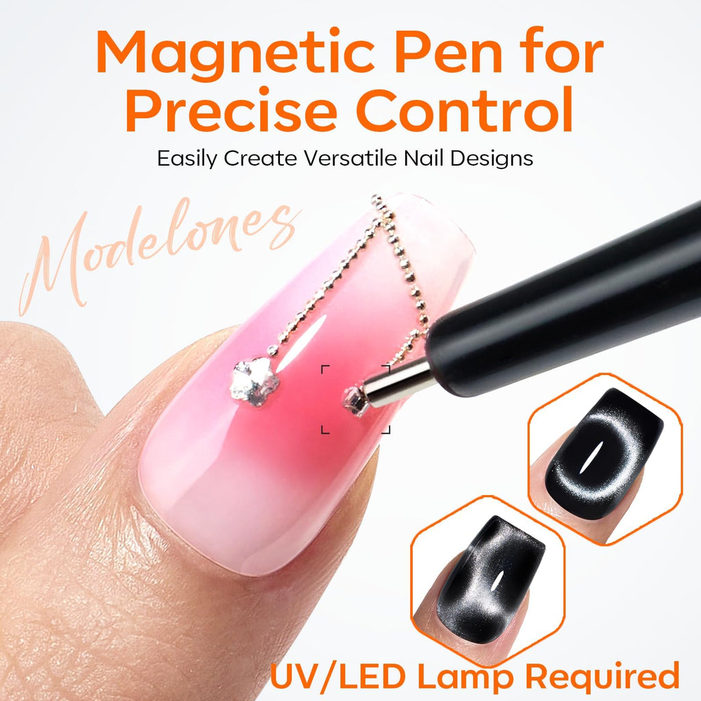 modelones Cat Eye Magnet 15PCS Brown Cat Eye Gel Polish Nail Stuff, Multi-shape Heart Moon Flower Square Effects with Bead-Attracting Nail Art Tool, UV/LED Lamp Required, DIY Halloween Nail Art