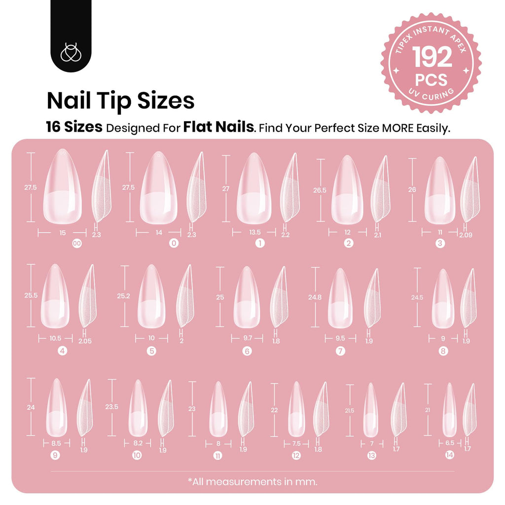 Beetles Tipex Instant Apex Nail Tips, Medium Stiletto 192pcs 16 Sizes 00-14 | No Builder Gel Needed, Etched-free Thicker Strong Acrylic Nails for DIY Salon-look Fake Nail Extensions