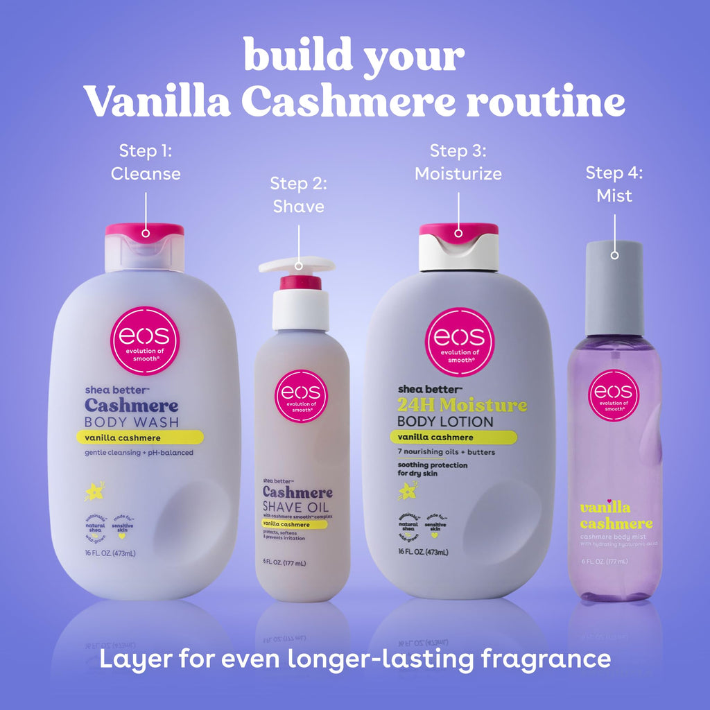 eos Vanilla Cashmere Shave Oil- Moisturizing Natural Shea Butter, 6 fl oz | Blend of Shea, Cocoa, & Argan Butters & Oils, Nourishing Formula to Minimize Irritation, 100% Vegan & Cruelty-Free