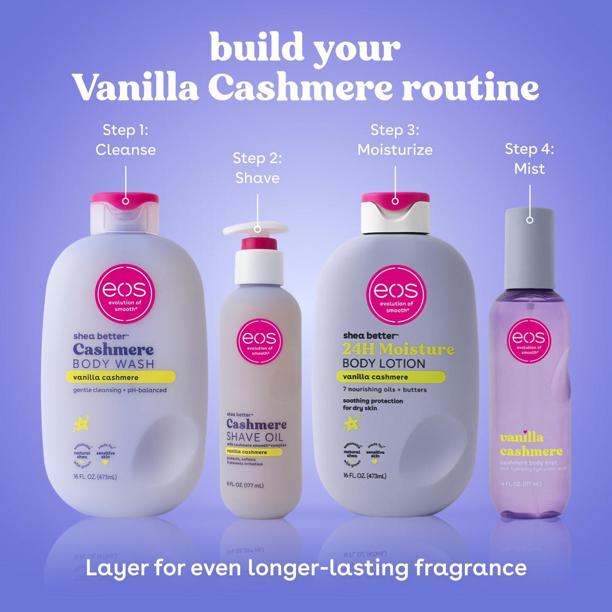 eos Vanilla Cashmere Shave Oil- Moisturizing Natural Shea Butter, 6 fl oz | Blend of Shea, Cocoa, & Argan Butters & Oils, Nourishing Formula to Minimize Irritation, 100% Vegan & Cruelty-Free