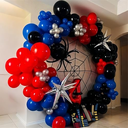 12 Inch Red Blue Black Balloons for Spider Cool Man Birthday Decorations | Royal Blue Red Black Helium Latex Balloon Kit for Boys Spider Halloween Theme Decor Super Men Hero Party Decoration Supplies