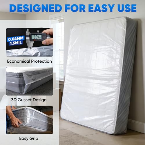 TICONN 2PK Plastic Mattress Bags for Moving, Waterproof Mattress Cover | 1.5 Mil 103"x62"x16", 3D Gusset Design, Tear Resistant & Dust Protection Mattress Protector for Moving and Storage