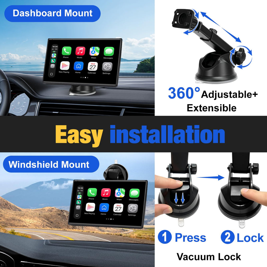 Carplay Screen for Car, 7 inch Wireless Carplay & Android Auto（Black） | Portable Touchscreen car play with Mirror Link，Bluetooth，Voice Control，Map Navigation，FM Transmit，Plug-and-Play car stereo