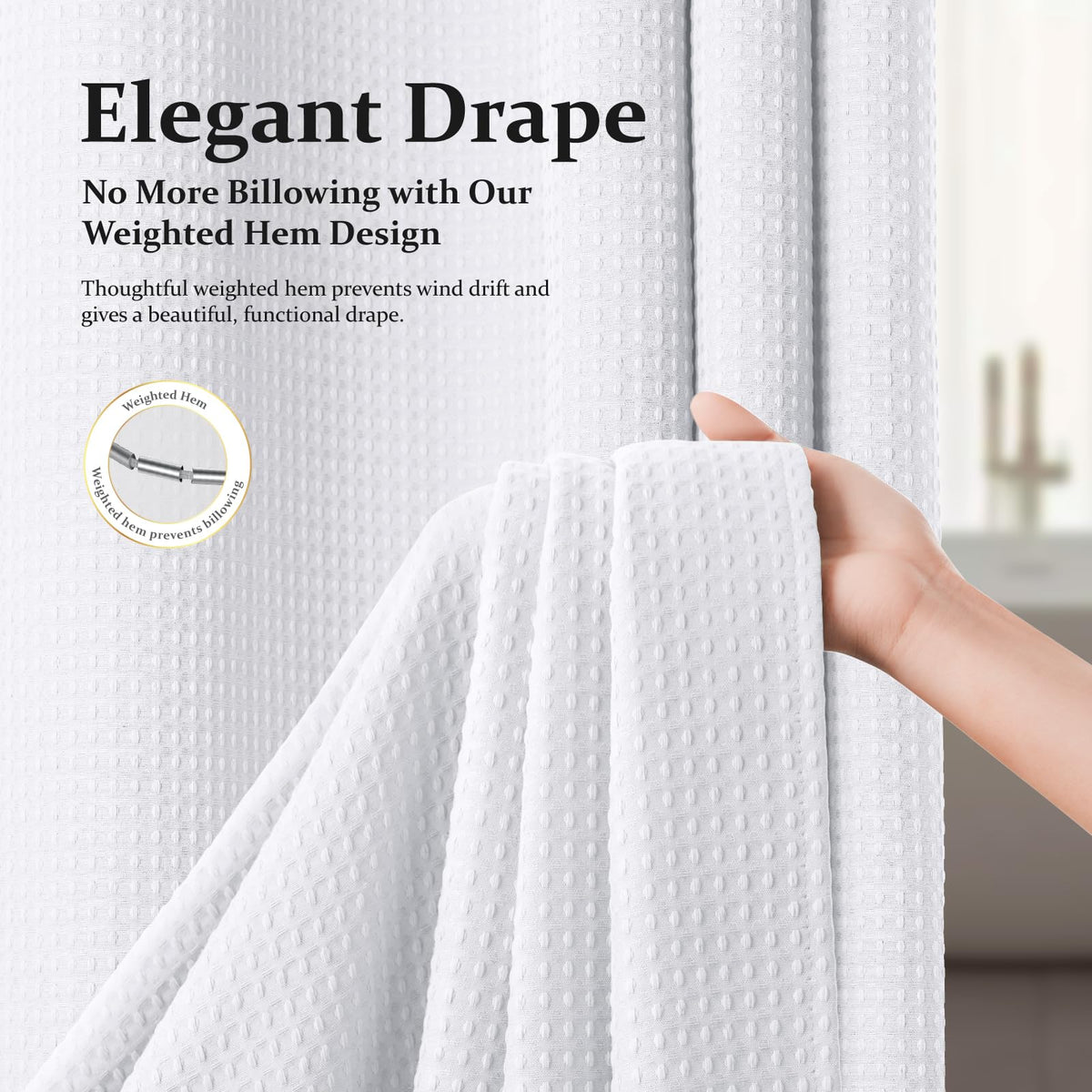 Dynamene Waffle Shower Curtain 256 GSM Heavy Duty Fabric 72"x72" White | Thick Textured Cloth, Weighted Hem, Water Repellent Washable, Hotel Luxury Polyester Shower Curtain Set for Bathroom 12 Hooks