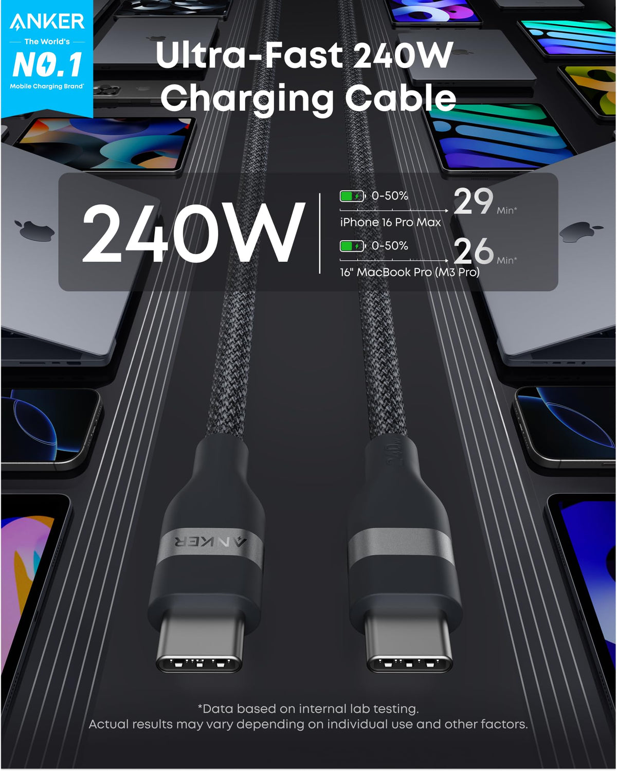 Anker Nano USB C to USB C Cable, 240W Fast Charging Cable (Black, 6ft) | Flexible Multi-Color Braided Charger for iPhone 18 / 17 Series, MacBook Pro, and More