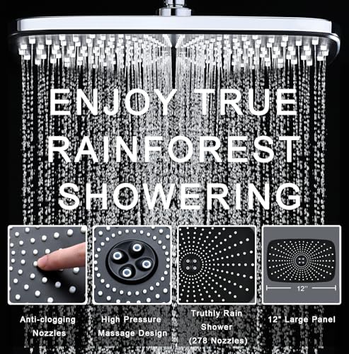 Rain Shower Head with Handheld Showerhead, Chrome 1.8GPM 460311 | 12" High Pressure Rainfall Shower Heads, 9 Sprays Handheld Showerheads, Magnetic Docking, Power Jets, 59" Shower Hose