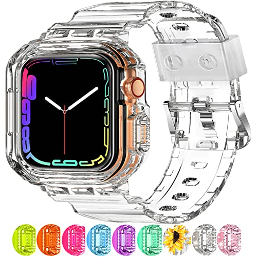 XYF Compatible for Crystal Clear Apple Watch Bands 45/44mm CrystalClear | Jelly Sport Strap&Bumper Case Cover for Men Women,Compatible for iWatch Series 9 8 7 6 5 4 SE 3 2 1,45mm/44mm Crystal Clear