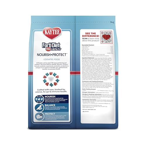 Kaytee Forti-Diet Pro Health Nourish+Protect Cockatiel Food, 5 lb | Digestive support daily. Parrot food for cockatiels. Prebiotics, probiotics, bird feed