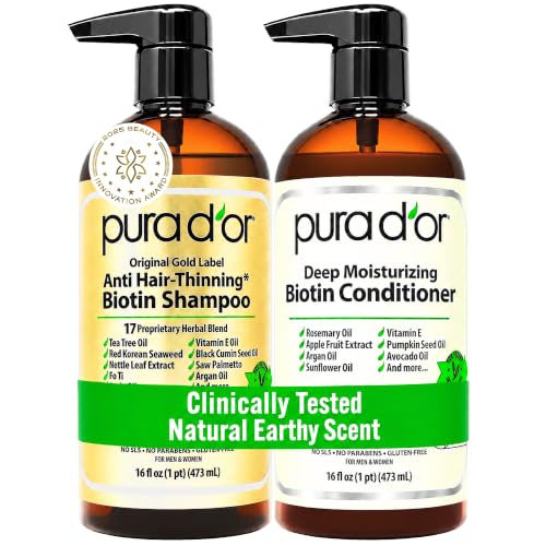 PURA D'OR Gold Label Anti-Thinning Biotin Shampoo & Conditioner, 16oz x2 | Thicker-Looking Hair, Clinically Tested, Botanical Extracts, Aloe Vera Base, Men & Women, Sulfate-Free, Natural Earthy Scent