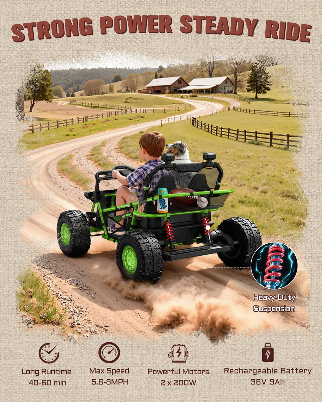 First Ride On 36V Kids Ride On UTV, 2-Seater 400W Electric Car for Kids 6+, 5-8 MPH Speed, 14" EVA Wheels, Metal Frame, Bluetooth Music, Rear Metal Suspension Off-Road Vehicle (Green)
