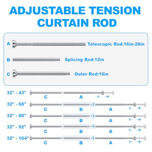 TEECK Shower Curtain Rod, 32-80 inch Adjustable Spring Tension Curtain Rod, Never Rust Anti-Slip Shower Curtain Rod for Bathroom, No Drilling, Never Collapse, Easy to Use, Silver