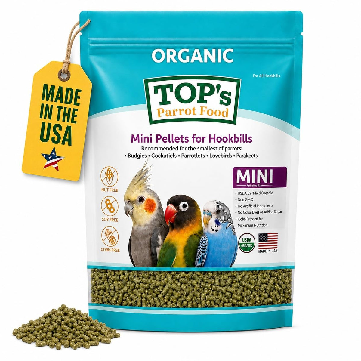 TOP's Mini Parrot Pellets 1 lb, USDA Organic Certified, Non-GMO Bird Food