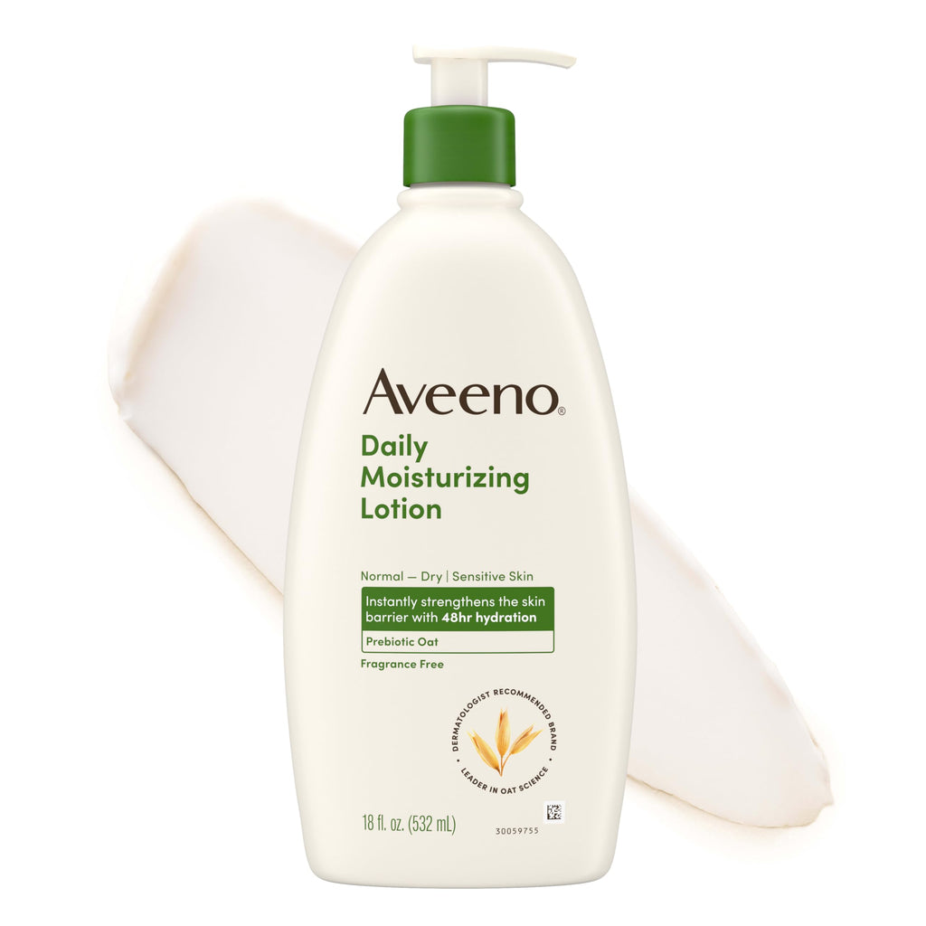 Aveeno Daily Moisturizing Body Lotion, Fragrance-Free, 18 fl. oz | Daily Moisturizing Body Lotion for Normal to Dry Skin, Soothing Prebiotic Oat, Non-Greasy Formula, Non-Comedogenic