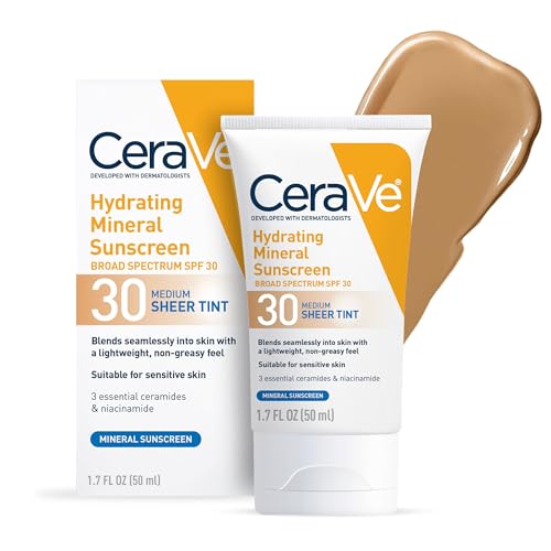 CeraVe Tinted Sunscreen for Face, Mineral SPF 30 Moisturizer, Medium, 1.7oz