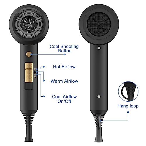 slopehill Professional Ionic Hair Dryer, Powerful 1800W Fast Drying Low Noise Blow Dryer with 2 Concentrator Nozzle 1 Diffuser Attachments for Home Salon Travel (Black)
