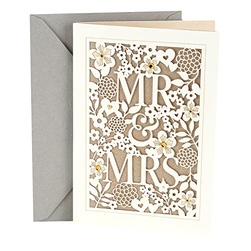 Hallmark Wedding Card (Mr. & Mrs.) | Die-cut Floral and Heart Pattern, Glittery Gold Backdrop, Envelope Included, High Quality Paper, Card Measures 5.8" X 8.3"