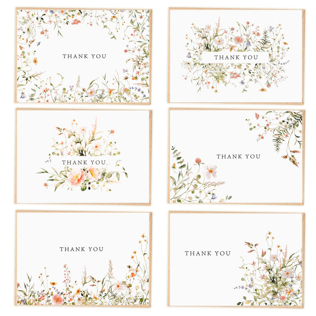 52-pack Floral Thank You Cards Bulk with Kraft Envelopes & Matching Stickers, 3.5x5 Inches, 6 Wildflower Designs | Perfect for Weddings, Baby & Bridal Showers, Graduations & Birthday