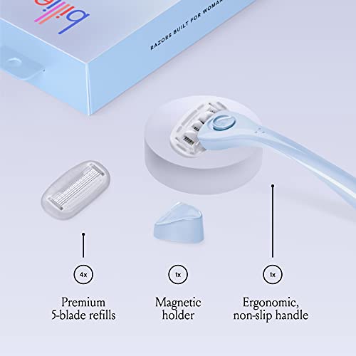 Billie Razors for Women, Cool Blue - 1 Handle, 4 Refills & Magnetic Holder | 5 blade womens razors for sensitive skin, Surrounded by aloe shave soap, Ergonomic handle, Pivoting head, Magnetic Holder