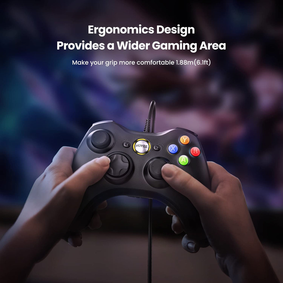 VOYEE PC Controller, Wired Compatible with Xbox 360 & Slim/Windows 10/8/7 | Upgraded Joystick, 7.2ft Cord, Ergonomic Grips, Double Shock | Enhanced (Black)