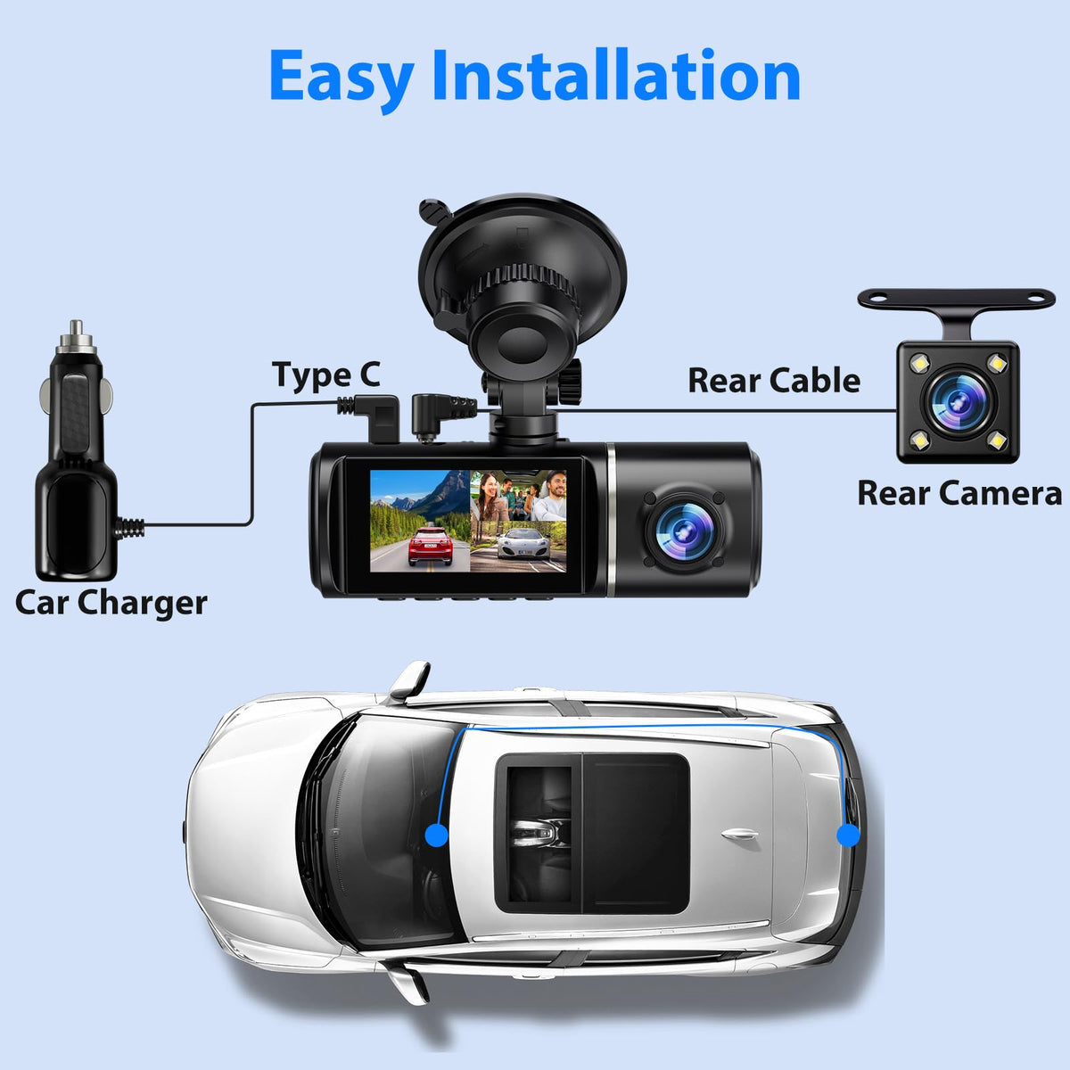 Dash Cam Front and Rear, 1296P Dash Camera for Cars, 3 Channel Car Camera Front Rear and Inside with 32GB Card, Loop Recording, Night Vision, HDR, 24Hr Parking, G-Sensor