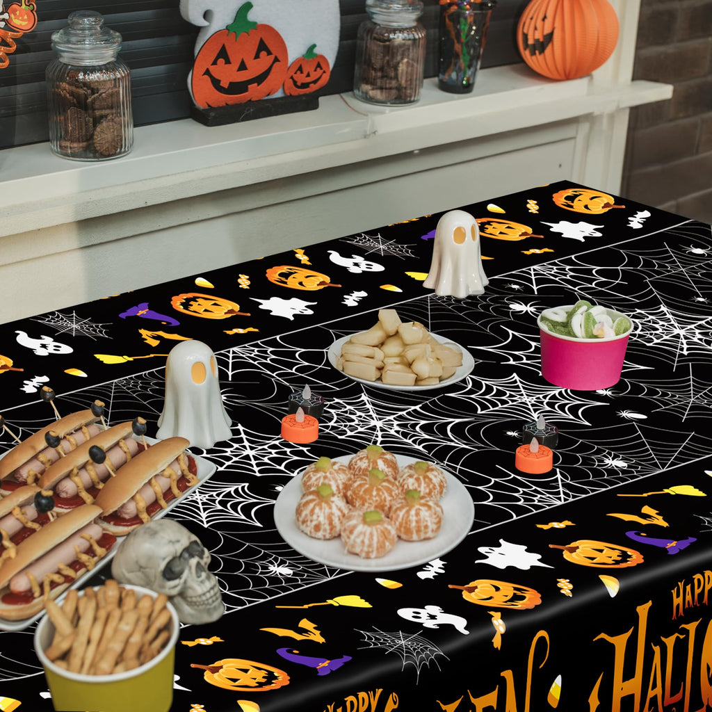 4 Pack Halloween Tablecloth 54 x 108 Inch Pumpkin Spider Web Table Cover | Disposable PE3 Plastic Tablecloth, Waterproof Tablecover for 6-8 Foot Tables, Halloween Pumpkin Decorations Party Tableware