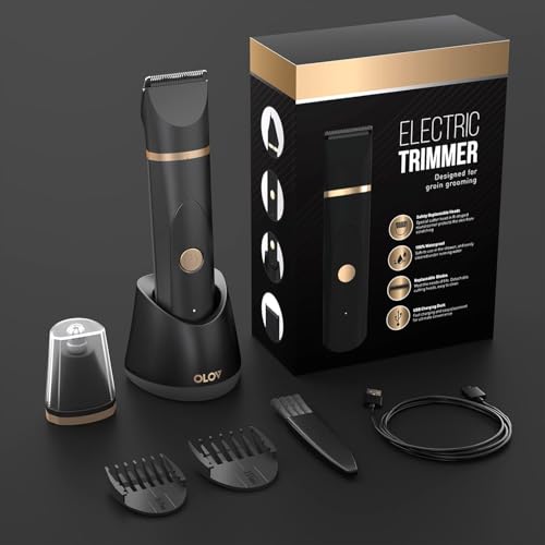 OLOV Electric Body Hair Trimmer - Groin Trimmer for Men - Bikini Trimmer Women - Wet/Dry Shaver Groomer, Replaceable Ceramic Blade Heads, USB Recharge Dock, Waterproof Hygiene Razor,Black