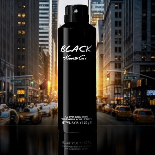 Kenneth Cole Black All Over Body Spray for Men, 6.0 Fl. Oz | Body Spray Cologne for Men, Aromatic Woody Fragrance, Notes of Watermint, Mandarin, Cedar, and Musk, Long-Lasting Cologne