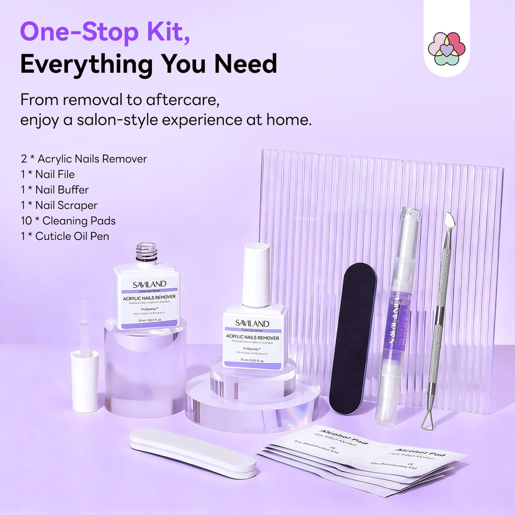 SAVILAND 2 Pcs Gentle Acrylic Nail Remover Kit Set for Acrylic Nails | No soaking, No wrapping, Cuticle Oil & Nail File Tools, Zero Residue, Remove Dip Nails Gel Nail Polish, Home Salon Use
