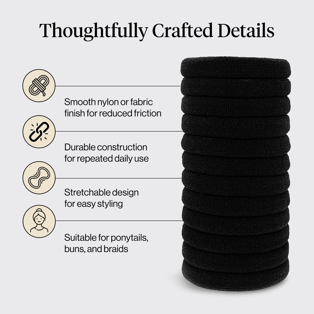 Kitsch Elastic Hair Ties No Damage | Stretchable Hair Bands - Black, 12pcs | Strong All-Day Hold Hair, Rubber Bands For Hair, Ponytail Holders | Hair Accessories for Everyday Use