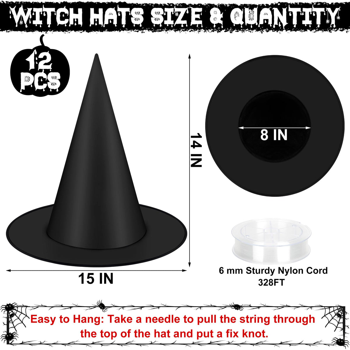 12 PCS Halloween Witch Hats, Black Hanging Witch Hats Porch Yard Decor | Witch Costume Accessories Witches Hat with 328 FT Nylon Cord Wizard Hats Indoor Outdoor Halloween Decorations