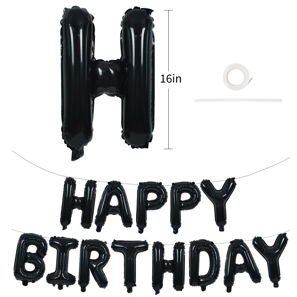 TONIFUL 16 Inch Black Happy Birthday Balloons Banner Decorations for Men | Reusable Foil Letter Birthday Sign Black Birthday Decoration for 16th 30th 50th 60th Boys Adults and Halloween Birthday Party