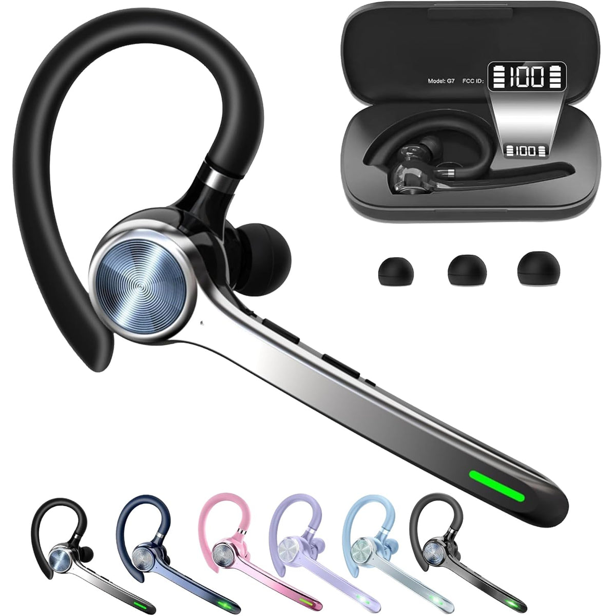 HEIBAS Bluetooth Headset, Wireless Earpiece with Mic for Work | 72H Playtime, 500mAh Charging Case, Hands-Free Calling with Mute Button for Work, Trucker, Office, Driving, iPhone, Black