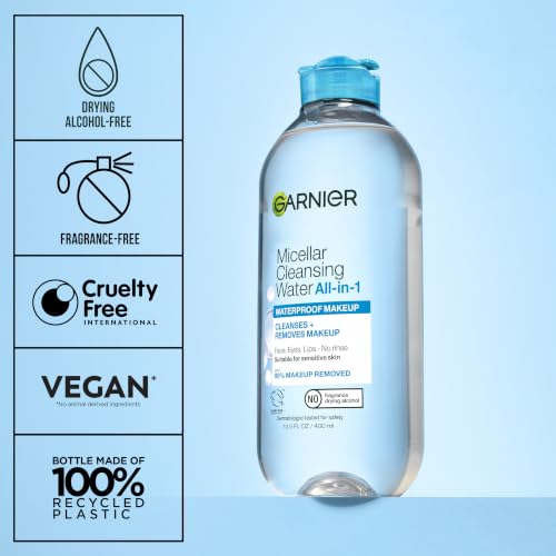 Garnier SkinActive Micellar Water For Waterproof Makeup, Facial Cleanser & Makeup Remover, 13.5 Fl Oz (400mL), 1 Count (Packaging May Vary)