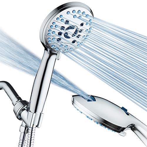 AquaCare 8-mode High Pressure Handheld Shower Head with 2-mode Power Wash | Stay Clean Nozzles, Dual Power Wash for Tub, Tile & Pets, Long 6 ft. Stainless Steel Hose, Wall & Overhead Brackets / Chrome