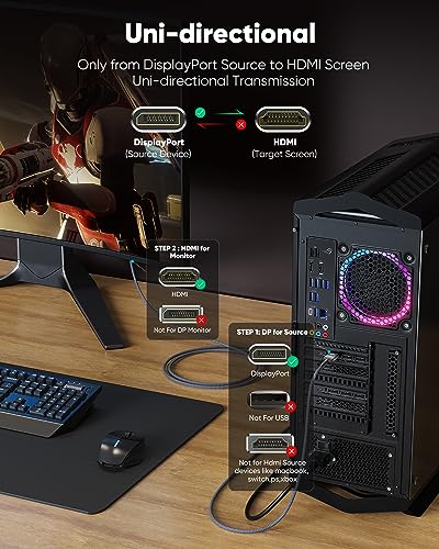 Highwings 4K DisplayPort to HDMI, Uni-Directional Only DP to HDMI 6.6FT | DP (Source) to HDMI (Display) 1.4 Cable, 4K@30Hz, 2K@60Hz, 1080P Full HD, Braided Cord for Dell, NVIDIA, AMD, Monitor (Grey)