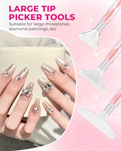 Rhinestone Picker Tool Kit: 2Pcs Rhinestone Picker Handle, Dual-Ended Rhinestones Applicator Dotting Pen with 12 Upgraded Plastic Replacement Tips, Clay, Bedazzling Tools for Nail Art Craft (Pink)