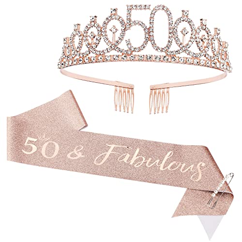 CIEHER 50th Birthday Crown & Sash Pearl Pin, 50th Birthday Decorations | 50 & Fabulous Sash 50th Birthday Crown for 50th Birthday Gifts for Women Friends
