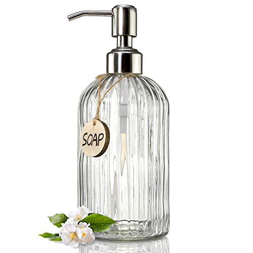 JASAI 18 Oz Clear Glass Soap Dispenser with Rust Proof Stainless Steel Pump | Refillable Liquid Hand soap Dispenser for Bathroom, Premium Kitchen Soap Dispenser (Clear).