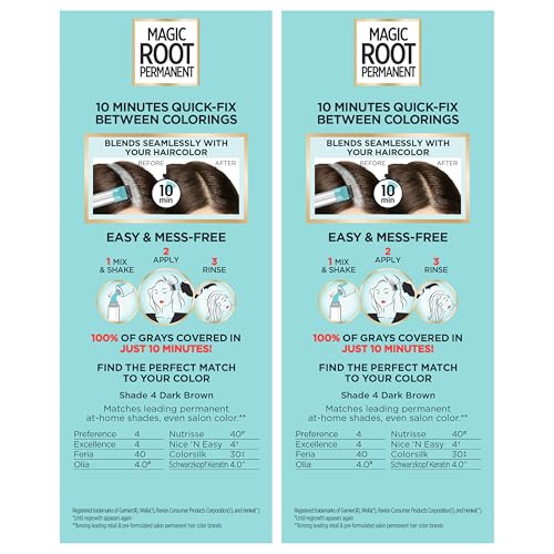 L'Oreal Paris Magic Root Permanent Hair Color Kit, 100% Gray Hair Coverage In Just 10 Minutes, Precision Brush Applicator for Seamless Application, 4 Dark Brown (2 Count)