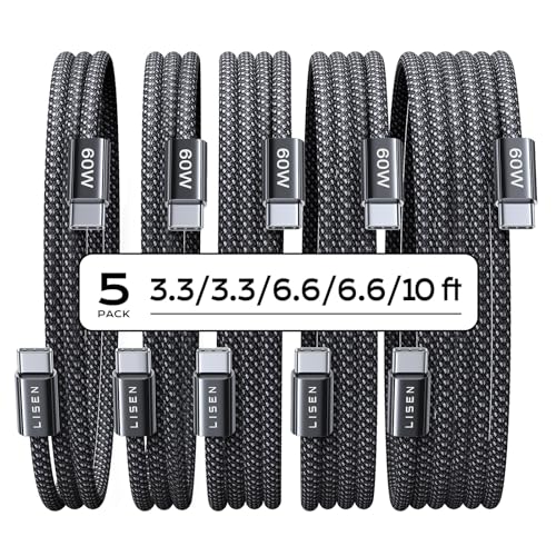 LISEN USB C to USB C Cable 60W for iPhone 18 Pro Duo Charging Cable, 5-Pack | for iPhone 18 Fast Charger/17/16/15 Galaxy S26/S25/S24, 3.3/3.3/6.6/6.6/10FT Gift for Car, Home, Office, Bed and Travel Cord