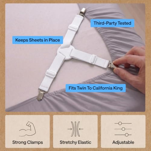 GORILLA GRIP Patented Fitted Bed Sheet Holders for Corners, 4 Pack White | Adjustable Elastic Fasteners with Straps with Metal Clips, Keeps in Place Bedding Sheets, Tight Suspenders for Mattress