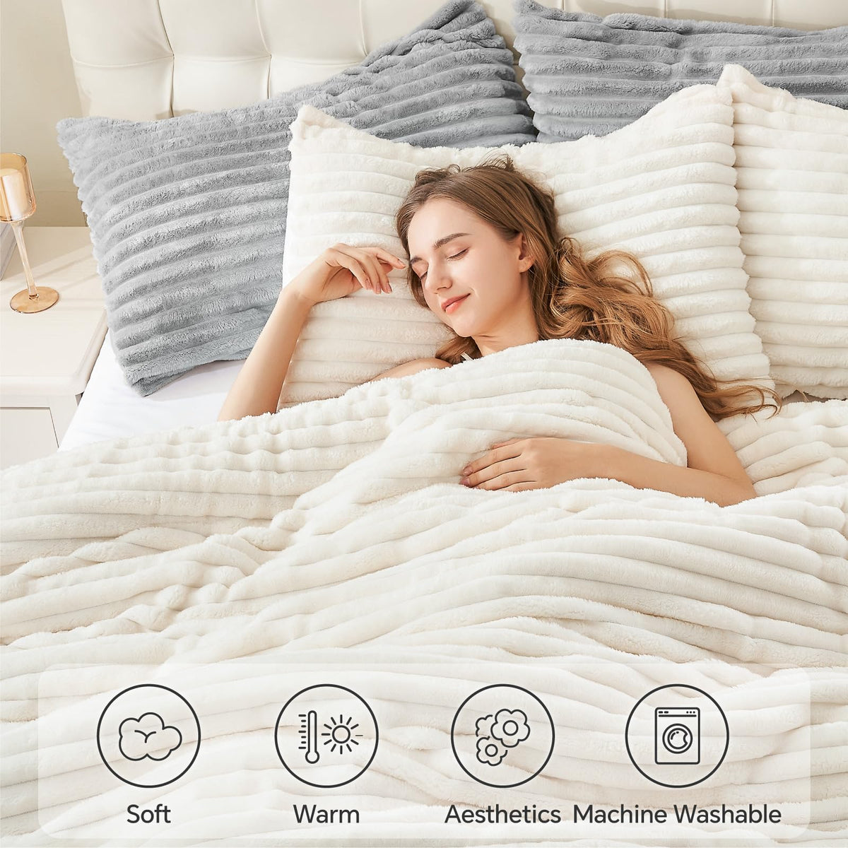BEDELITE Fleece Queen Comforter Set, Fluffy Bed Set, Cream White | Super Soft & Warm Bedding, Luxury Fuzzy Faux Fur Comforter for Winter, Heavy Plush Bedding, with 2 Pillowcases
