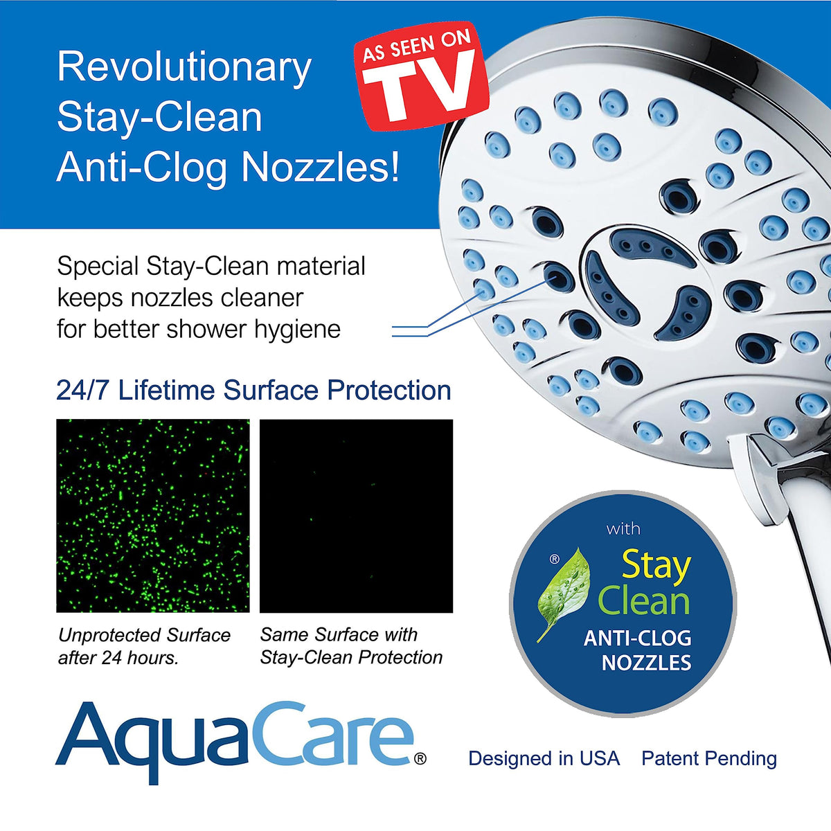 AquaCare 8-mode High Pressure Handheld Shower Head with 2-mode Power Wash | Stay Clean Nozzles, Dual Power Wash for Tub, Tile & Pets, Long 6 ft. Stainless Steel Hose, Wall & Overhead Brackets / Chrome
